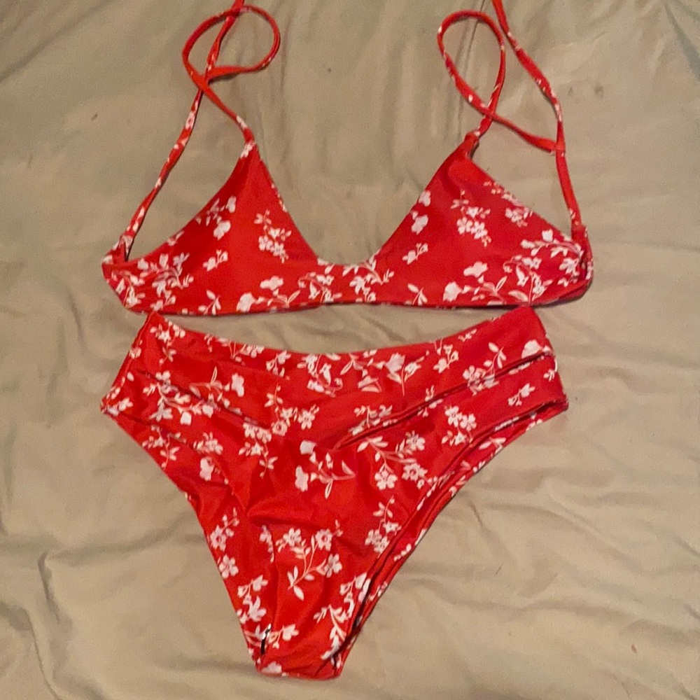 Medium, red, floral bikini